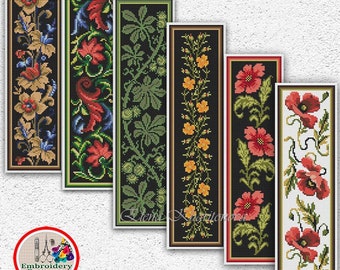 Set of 6 colorful bookmarks cross stitch pattern Floral bookmark sampler embroidery design Red flowers Chestnut leaves xstitch chart #644