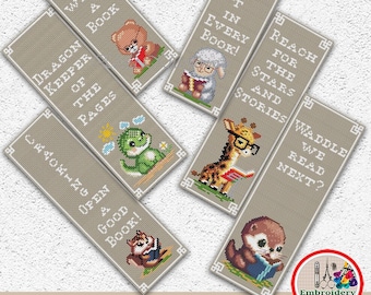 Set of 6 funny bookmarks cross stitch pattern Cute animals bookmark samplers embroidery design DIY bookmarks for kids xstitch chart PDF #797
