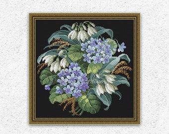 Antique bouquet cross stitch pattern Flowers cross stitch Violets Lilies of the valley xstitch chart Floral vintage embroidery design #502
