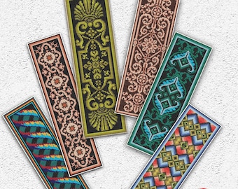 Set von 6 Lesezeichen Kreuzstichvorlage Bunte Lesezeichen Stickmuster Stickmuster Antike Ornament xStichtabelle Instant PDF download #161