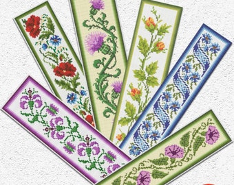 Set of 6 bookmarks cross stitch pattern Floral bookmark samplers embroidery design Plant thistle Flowers ornament xstitch chart #106