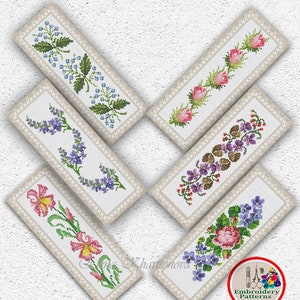 Set of 6 floral bookmarks cross stitch pattern Flowers bookmark sampler embroidery design Violets Lilac Roses Buds xstitch chart #689