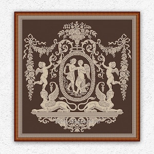 May include: A brown framed image with a beige design of two cherubs, a floral wreath, and a lion with wings. The image is in a vintage style.