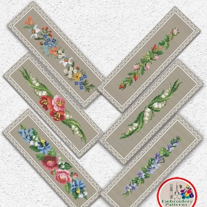 Bloemen bladwijzer merklapjes kruissteek patroon Bloemen bladwijzer kruissteek Lelietje-van-dalen Rozen Knoppen Bladeren borduurontwerp #684
