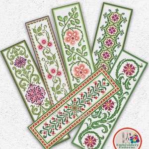 Set of 6 bookmarks cross stitch pattern Flowers bookmark samplers embroidery design Floral antique ornament DIY bookmarks xstitch chart #104