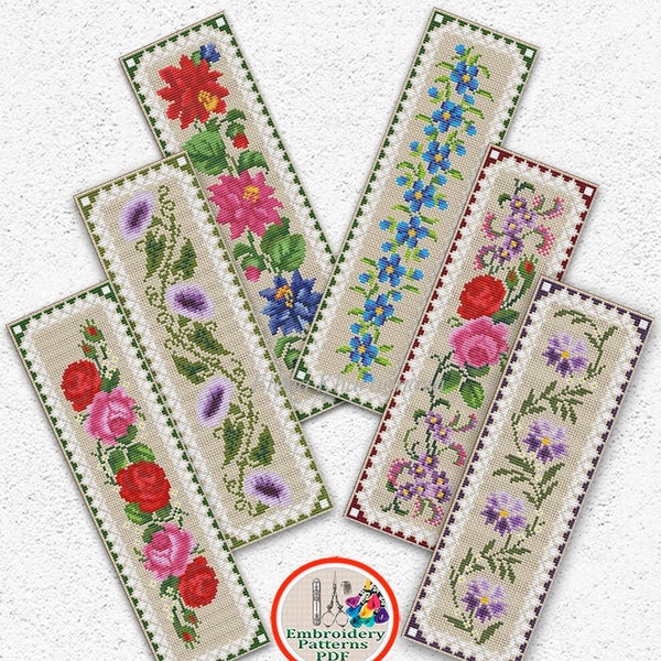 Set of 6 bookmarks cross stitch pattern Floral bookmark sampler embroidery design Bellflowers Roses Violets Flower Leaves xstitch chart #645