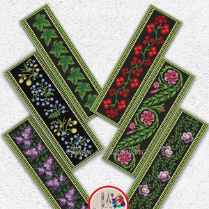 Set of 6 flowers bookmark cross stitch pattern Floral bookmark sampler embroidery design Lilac cross stitch Flower leaves xstitch chart #678