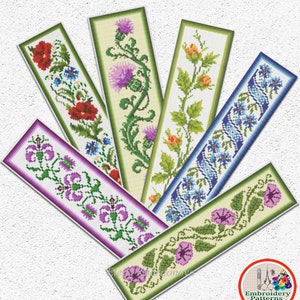 Set van 6 bladwijzers kruissteekpatroon bloemen bladwijzer samplers borduurontwerp plant distel bloemen ornament xstitch chart #106