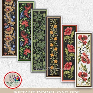 Set of 6 colorful bookmarks cross stitch pattern Floral bookmark sampler embroidery design Red flowers Chestnut leaves xstitch chart #644