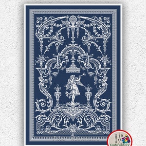 Könnte beinhalten: Ein blaues und weißes Kreuzstichmuster mit einem Cherub, der Trompete spielt, in einem dekorativen Rahmen. Das Muster ist perfekt für Stickprojekte.