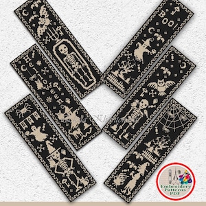 Set of 6 Halloween bookmarks cross stitch pattern Monochrome Halloween bookmark samplers embroidery Skeleton Witch Ghost xstitch chart #664