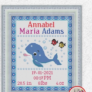 Amostra de nascimento de bebê baleia personalizada, padrão de ponto cruz, tema oceano personalizado, decoração de parede de berçário, ponto x contado, bordado náutico #412*