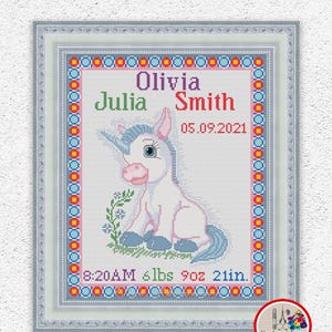 Amostra de nascimento de bebê unicórnio personalizado, padrão de ponto cruz, lindo desenho de bordado de unicórnio para bebê menino, decoração de parede de berçário, gráfico de pontos x #408*
