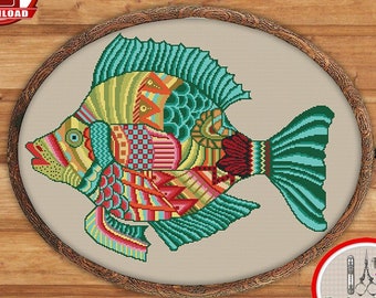 Colorful mandala fish counted cross stitch pattern Mandala cross stitch Fanciful fish embroidery design xstitch chart Digital download #69