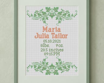 Patrón de punto de cruz personalizado para anuncio de nacimiento, recuerdo personalizado para decoración de habitación infantil, bordado contado n.° 402