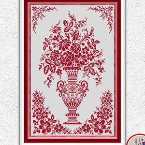 May include: Red and white cross stitch pattern of a vase with flowers. The pattern is in a white frame with a red border. The text "INSTANT DOWNLOAD PDF" is at the bottom of the image.