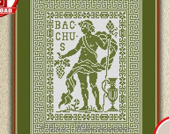 Monochrome sampler counted cross stitch pattern Bacchus Roman God of wine embroidery design Antique ornament xstitch chart #176