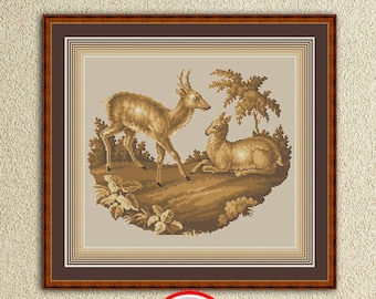 Two deer in wood counted cross stitch pattern Deer in nature vintage embroidery design Forest animals Antique sampler xstitch chart #539