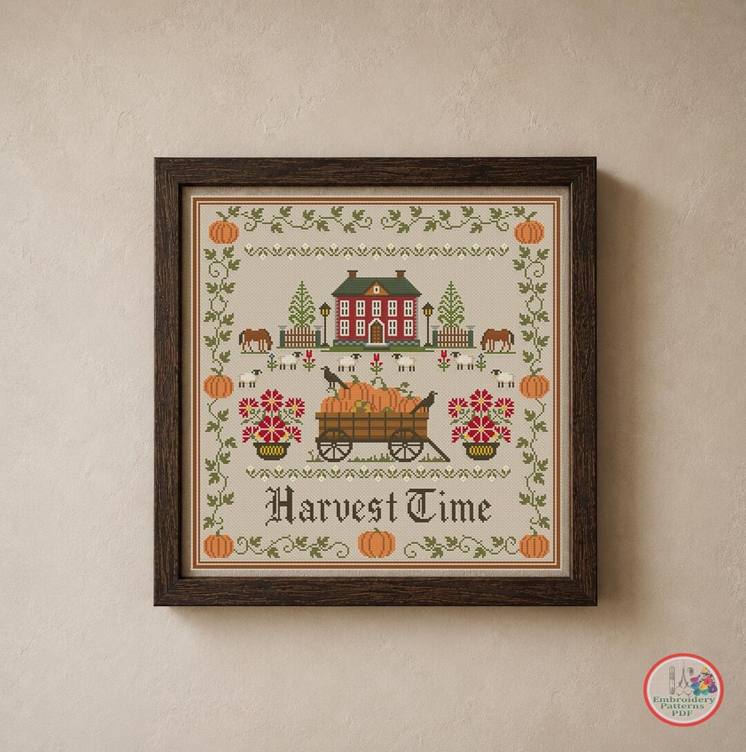 Harvest Cross Stitch Pattern Autumn Primitive Embroidery Farmhouse ...