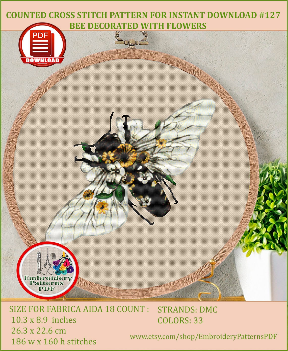 Bee decorated with flowers counted cross stitch pattern Insect cross stitch chart Honey bee embroidery design Instant PDF download #127