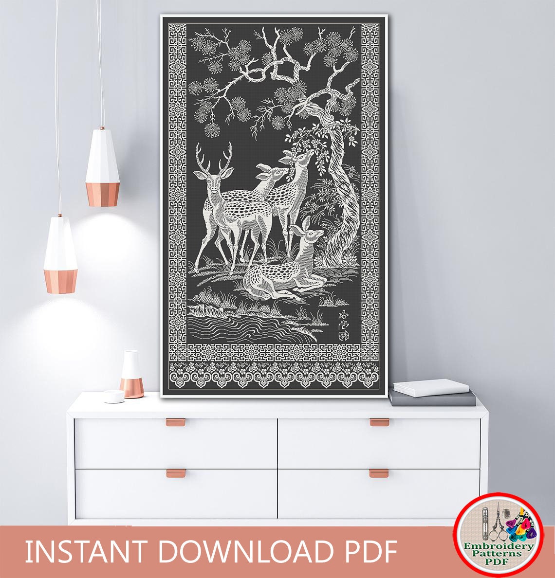 Deer Counted Cross Stitch Pattern Antique Monochrome Sampler Embroidery ...