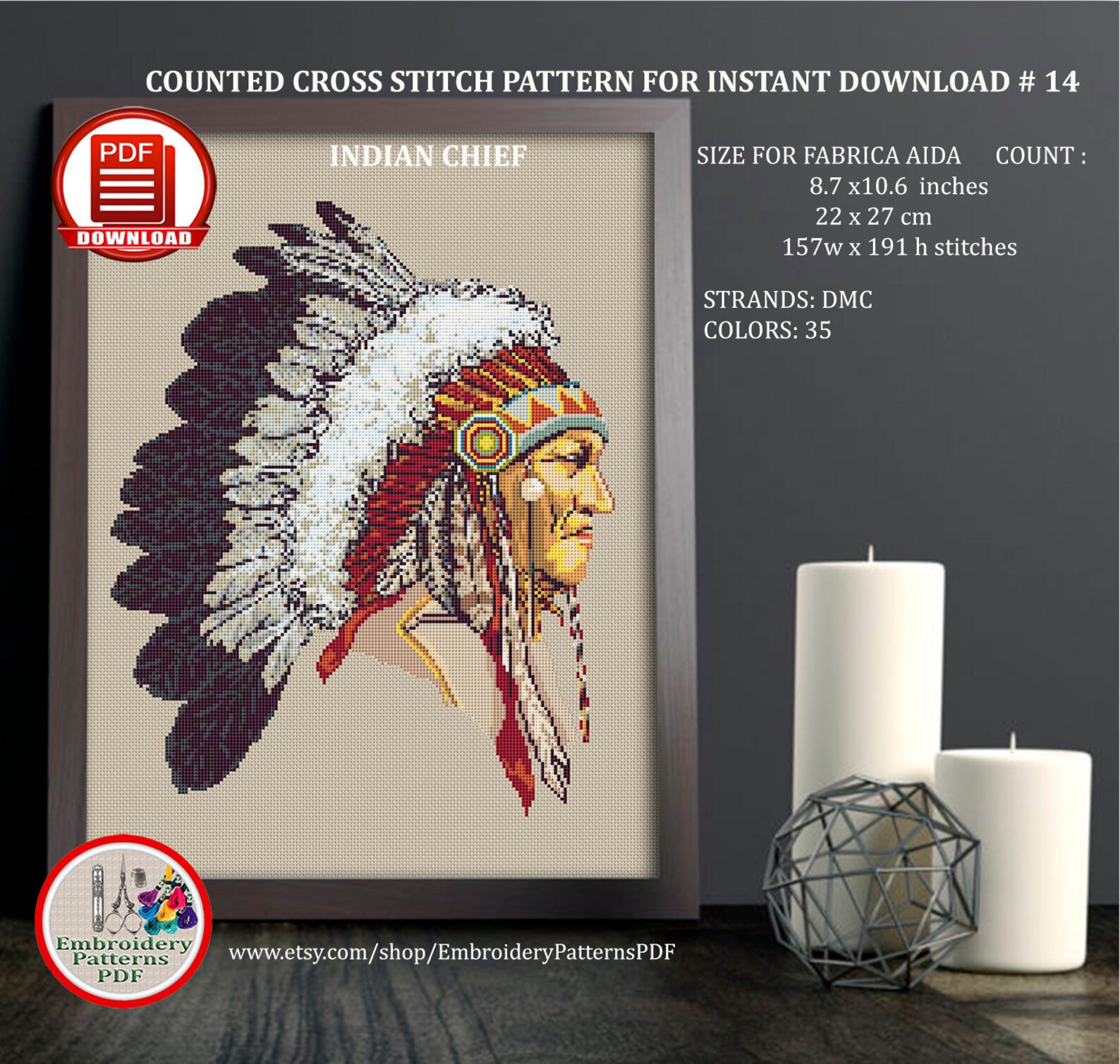Indian Chief Modern Counted Cross Stitch Embroidery Pattern Etsy