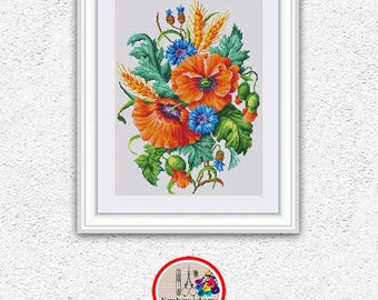 赤い花束のクロスステッチアンティークパターン小穂の葉の刺繍黒の