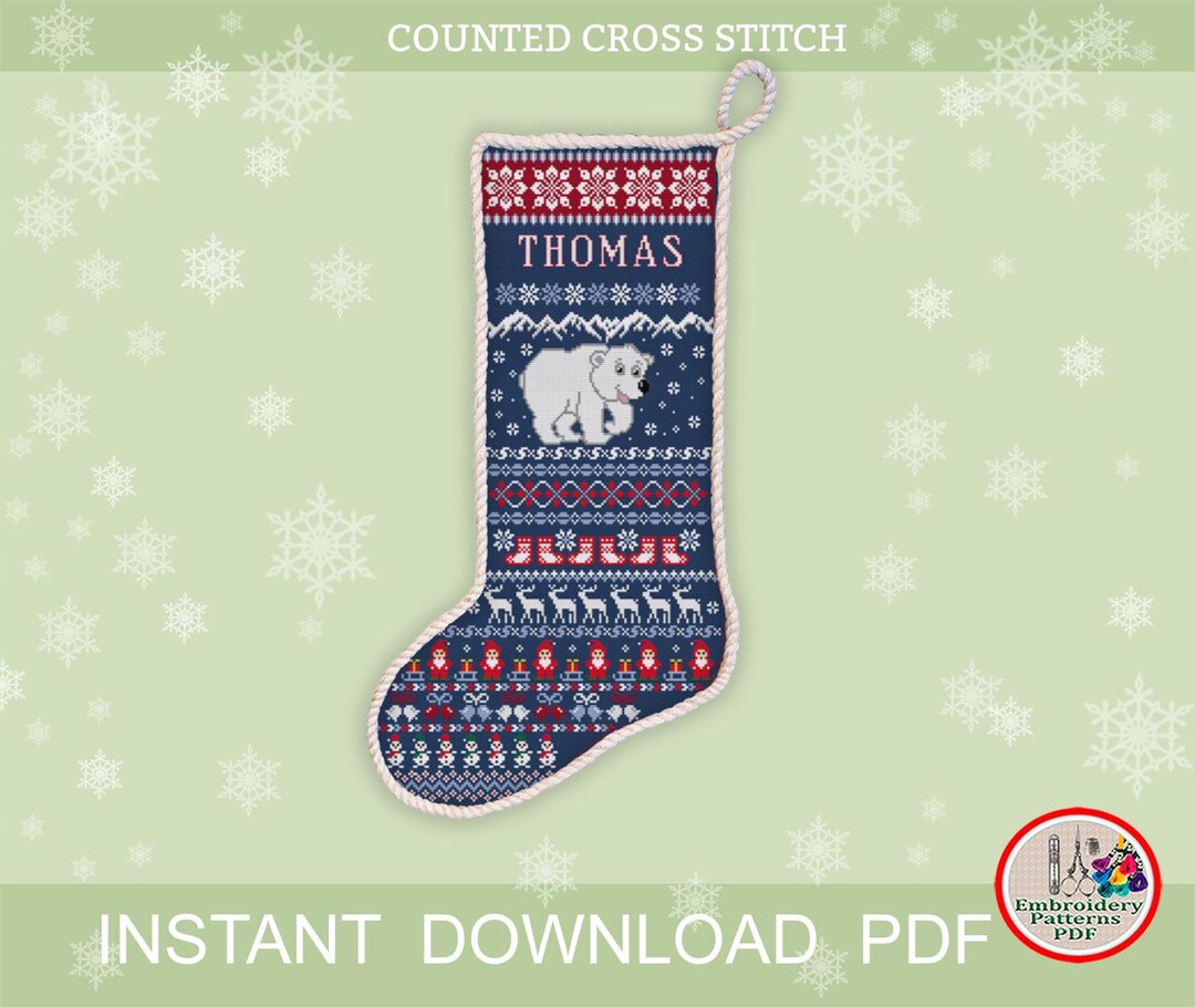 Christmas Polar Bear Stocking Cross Stitch Pattern Snowmen Reindeer ...