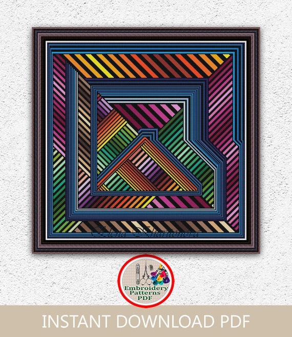 Colorful geometric cross stitch pattern Striped square embroidery design Optical illusion labyrinth maze xstitch chart Digital download #529