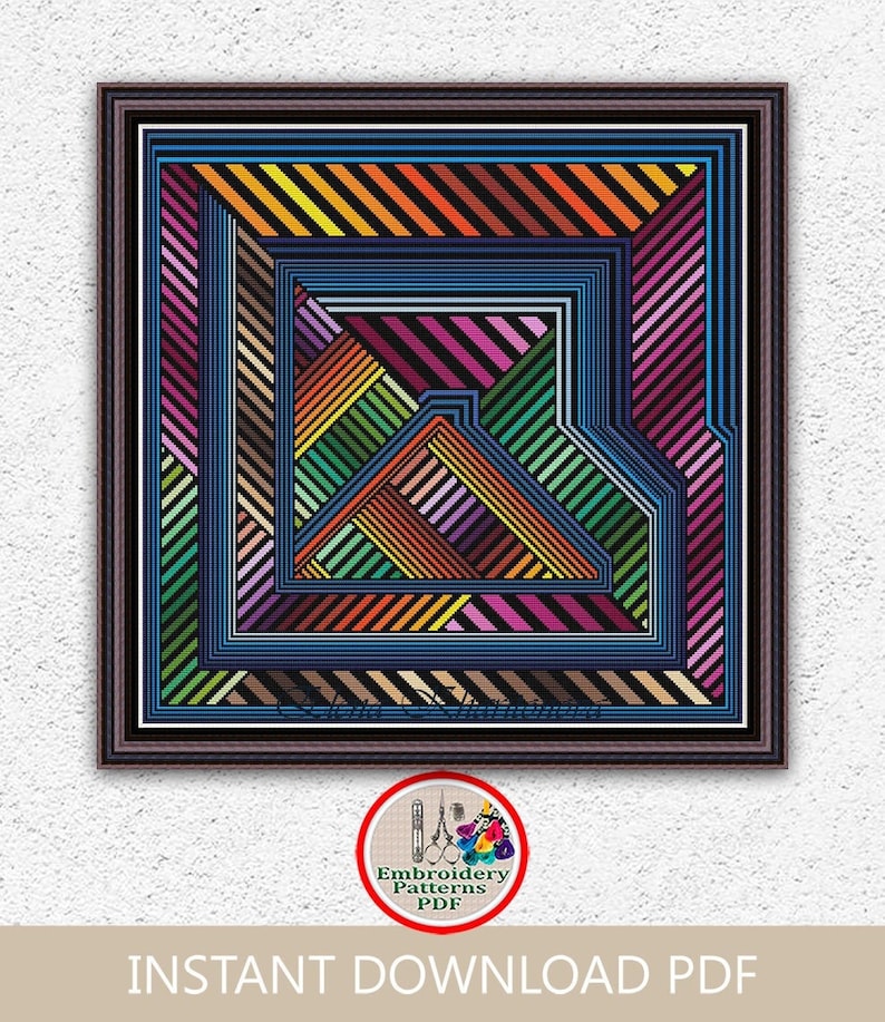 Colorful geometric cross stitch pattern Striped square embroidery design Optical illusion labyrinth maze xstitch chart