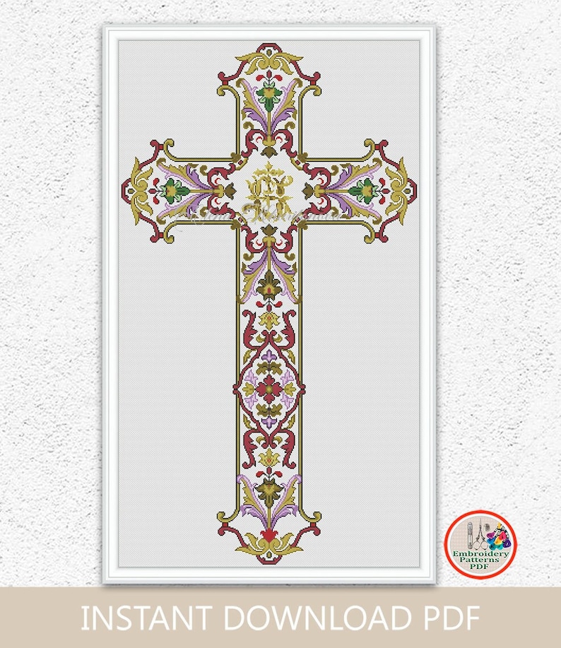 May include: A cross with intricate floral designs in shades of red, purple, green, and gold. The cross is surrounded by a white background and framed in white.