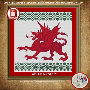 Puede incluir: Patr&oacute;n de punto de cruz contado para descarga instant&aacute;nea, con un drag&oacute;n gal&eacute;s rojo sobre un fondo blanco con un borde verde. El patr&oacute;n se titula "Drag&oacute;n gal&eacute;s" e incluye la direcci&oacute;n del sitio web www.etsy.com/shop/EmbroideryPatternsPDF.