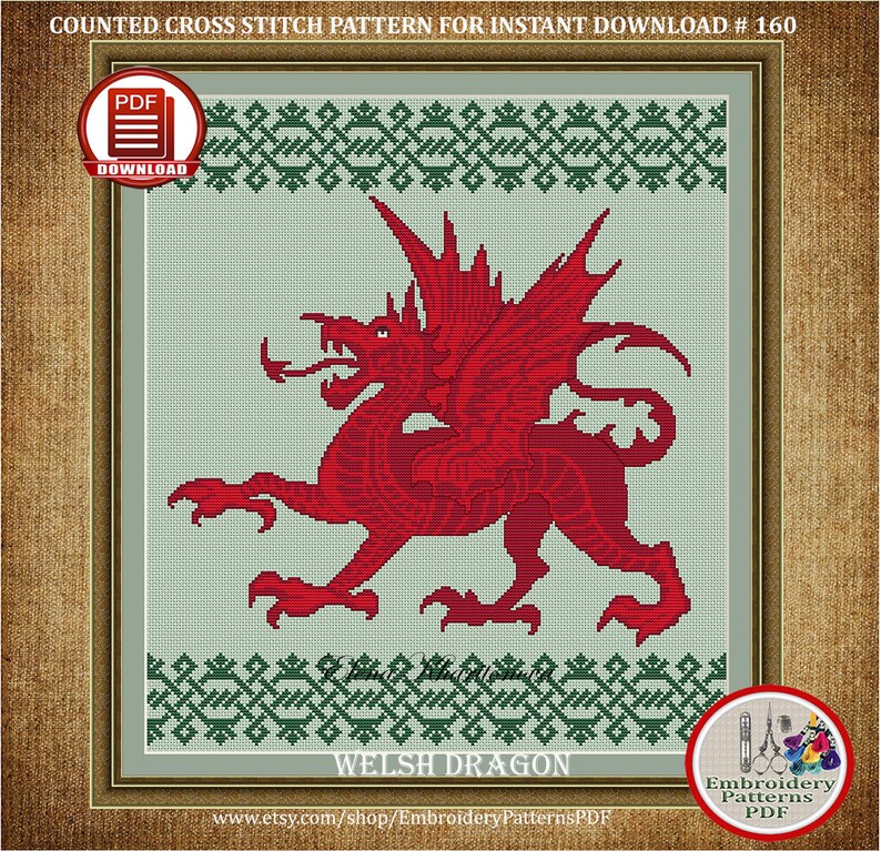 Puede incluir: Patr&oacute;n de punto de cruz contado para un drag&oacute;n gal&eacute;s rojo con borde verde. El patr&oacute;n est&aacute; disponible para descarga instant&aacute;nea como PDF.