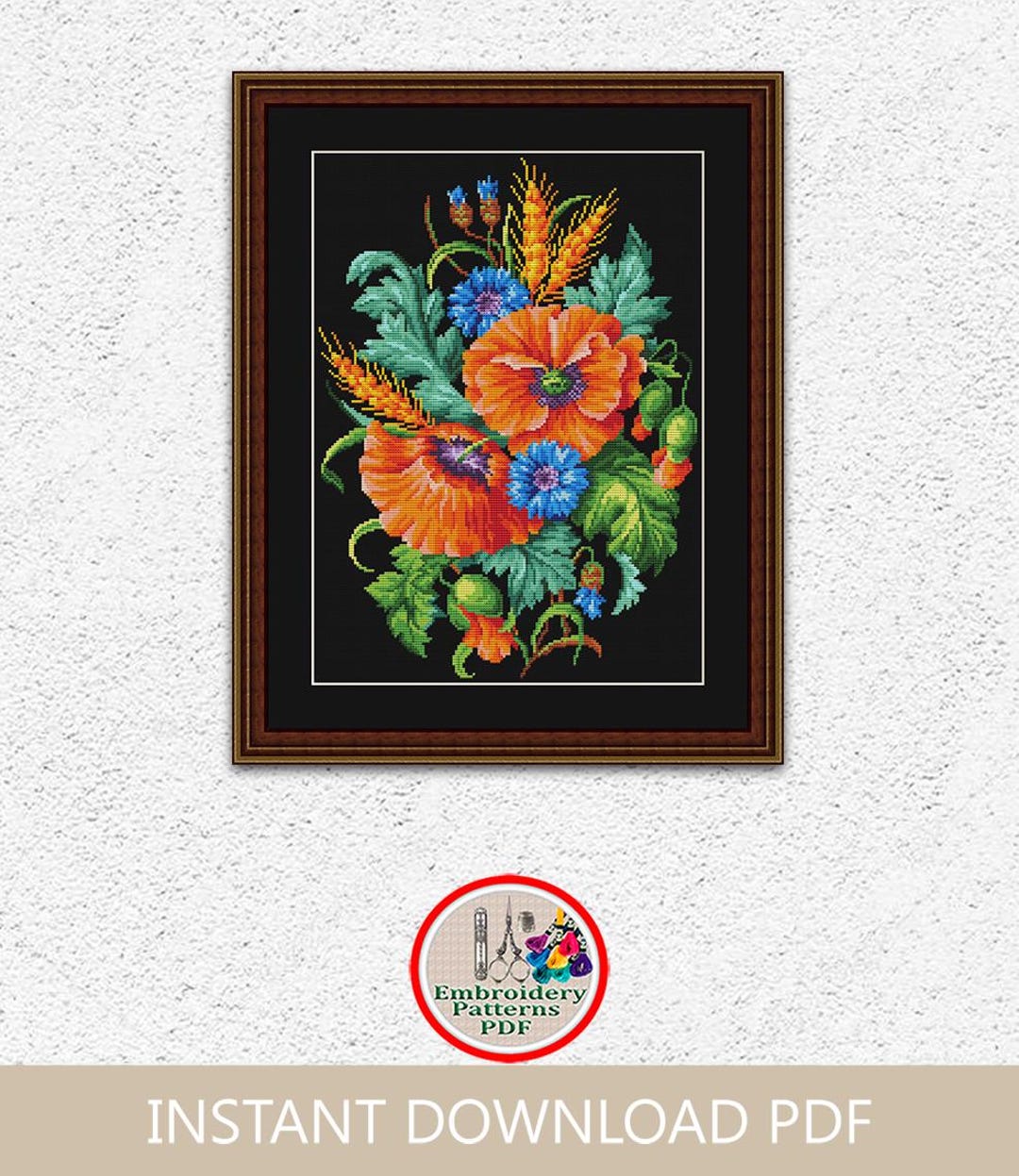 赤い花束のクロスステッチアンティークパターン小穂の葉の刺繍黒の