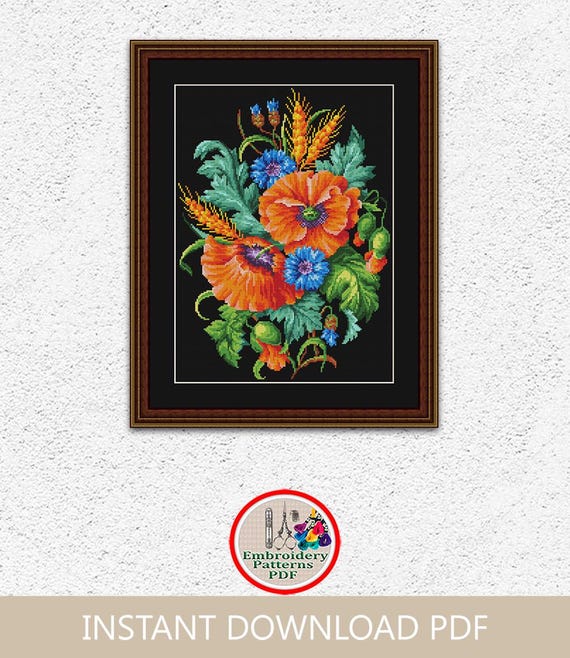 赤い花束のクロスステッチアンティークパターン小穂の葉の刺繍黒の