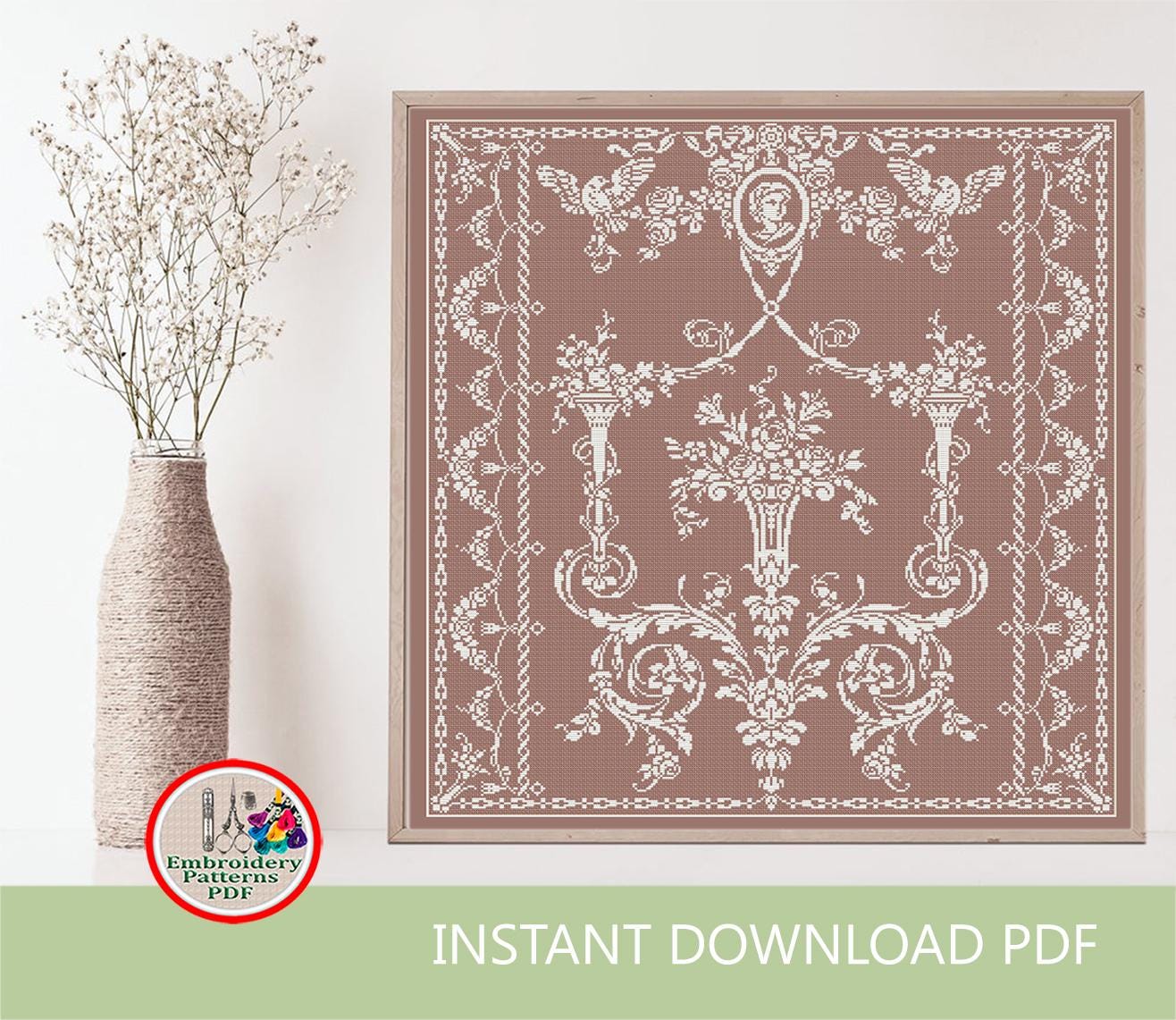 アンティーク 花柄刺繍 ホワイトクロス Monochrome Vintage Flowers Cross Stitch Pattern Floral Monochrome