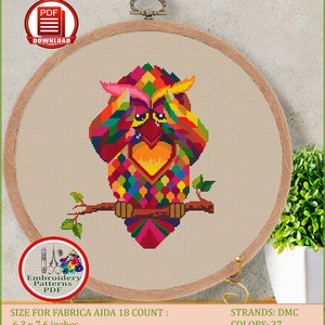Geometric owl cross stitch pattern Bird cross stitch Cute sad owl embroidery design Colorful mandala owl counted xstitch chart #77