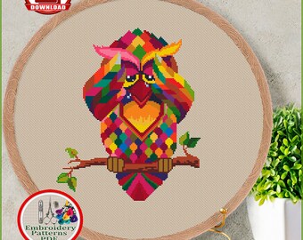 Geometric owl cross stitch pattern Bird cross stitch Cute sad owl embroidery design Colorful mandala owl counted xstitch chart #77