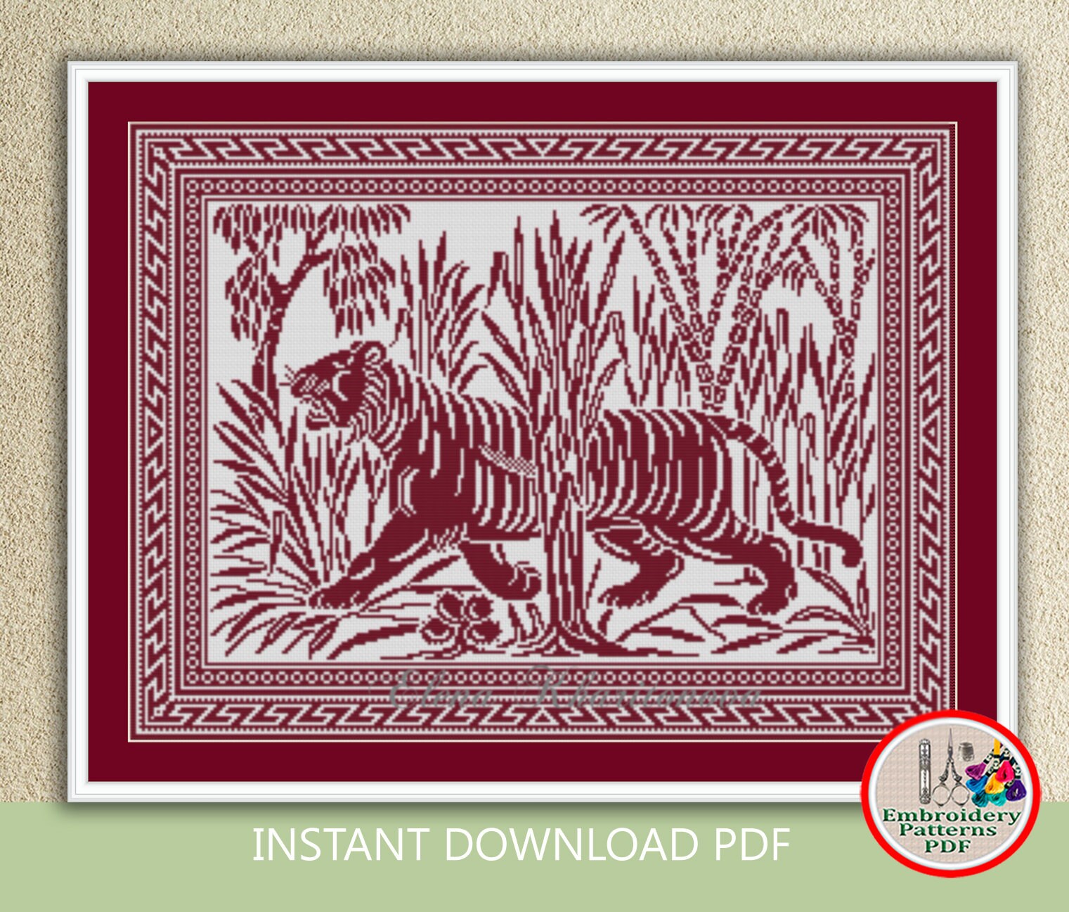 Tiger Counted Cross Stitch Pattern Monochrome Sampler