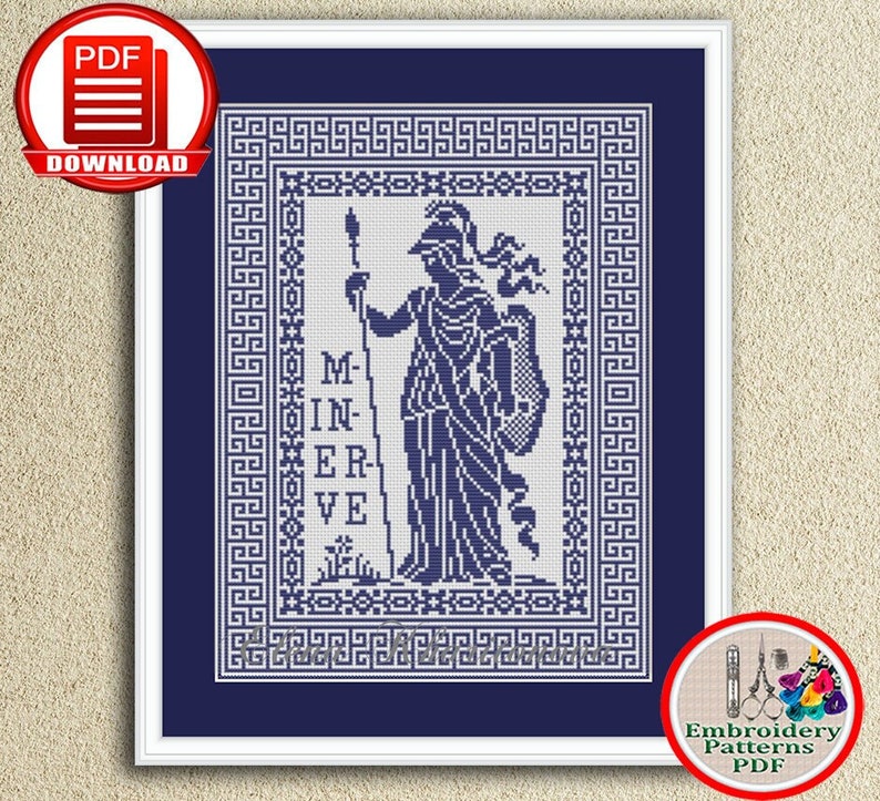 Goddess Minerva counted cross stitch Ancient Roman goddess of wisdom and war xstitch chart Monochrome sampler embroidery design