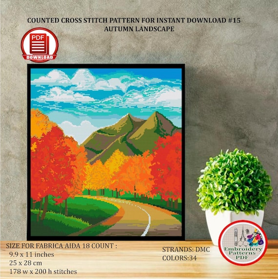 Autumn Mountain Landscape Counted Cross Stitch Pattern Nature