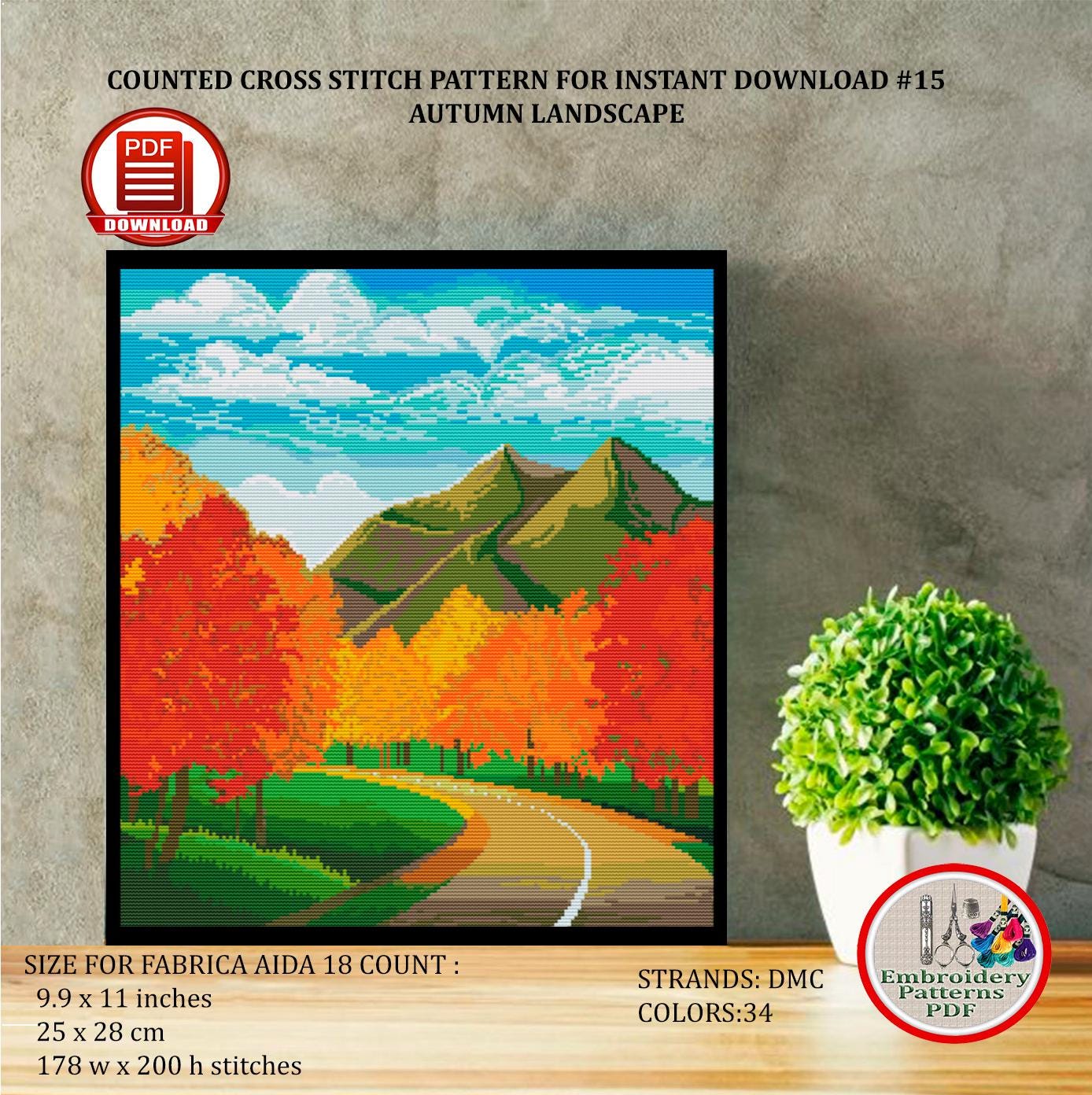 Autumn Mountain Landscape Counted Cross Stitch Pattern Nature
