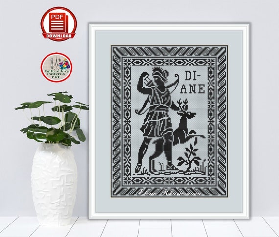 Monochrome Sampler Cross Stitch Pattern Diana the Huntress