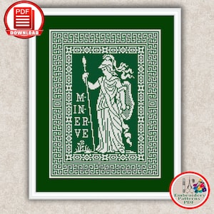 May include: A green cross-stitch pattern featuring a white image of the Roman goddess Minerva, with the text "MINERVE" below her. The pattern is surrounded by a white Greek key border.