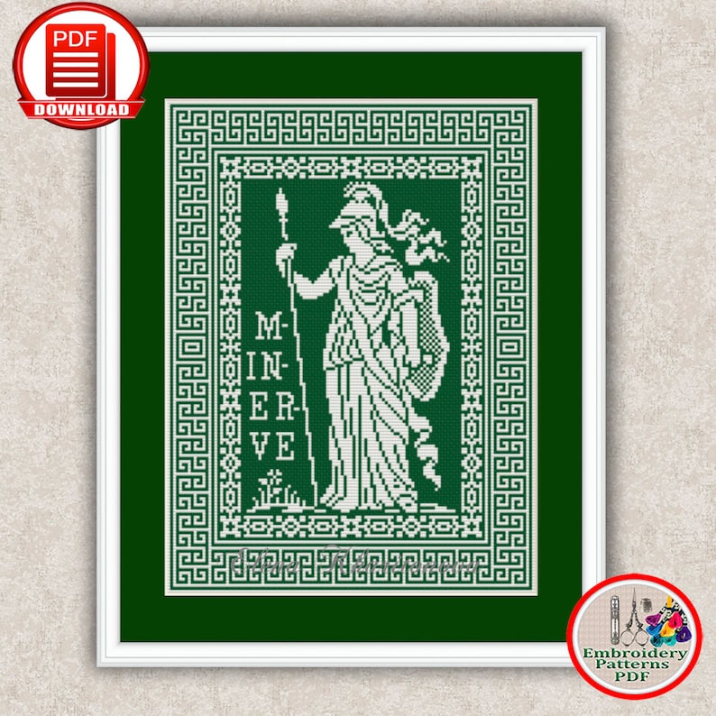 May include: A green cross-stitch pattern featuring a white image of the Roman goddess Minerva, with the text "MINERVE" below her. The pattern is surrounded by a white Greek key border.