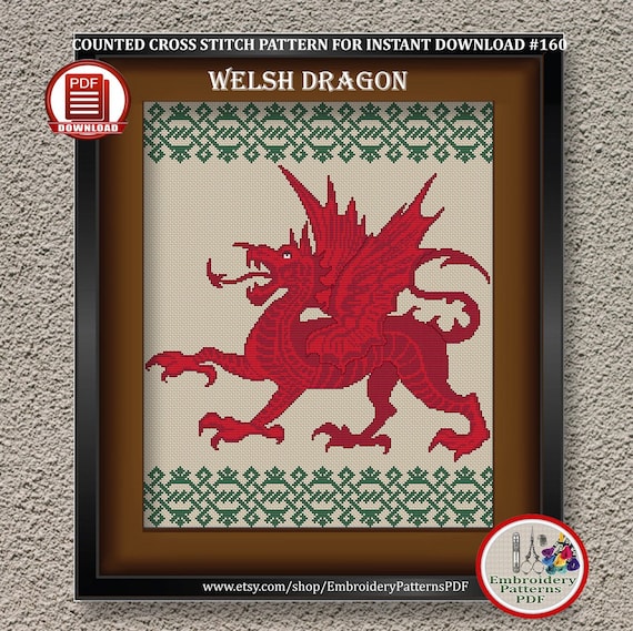 Welsh dragon cross stitch pattern Celtic cross stitch Y Ddraig Goch embroidery design Heraldic symbol xstitch chart Digital download #160