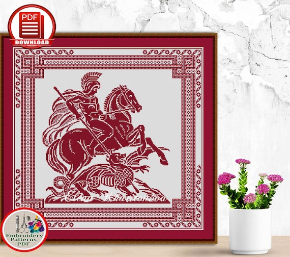 Saint George and Dragon Counted Cross Stitch Pattern Monochrome