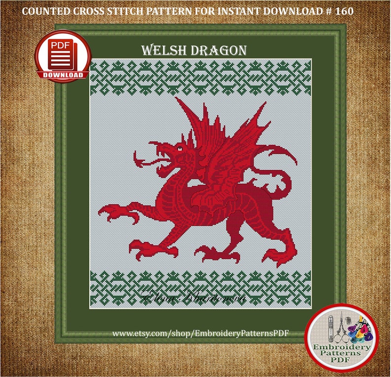 Puede incluir: Patr&oacute;n de punto de cruz contado para descarga instant&aacute;nea, con un drag&oacute;n gal&eacute;s rojo con borde verde. El patr&oacute;n se titula "Welsh Dragon" e incluye la direcci&oacute;n del sitio web www.etsy.com/shop/EmbroideryPatternsPDF.