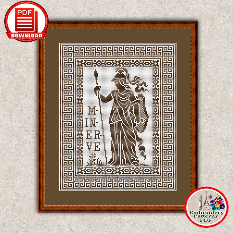 May include: A cross-stitch pattern featuring a black and white illustration of the Roman goddess Minerva, with the text "MINERVE" written below her. The pattern is framed in a brown frame with a white mat.