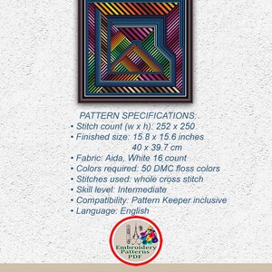 May include: A colorful geometric pattern cross stitch embroidery design with a stitch count of 252 x 250. The finished size is 15.8 x 15.6 inches or 40 x 39.7 cm. The pattern requires 50 DMC floss colors and is suitable for intermediate skill levels. The pattern is compatible with Pattern Keeper software and is available in English.